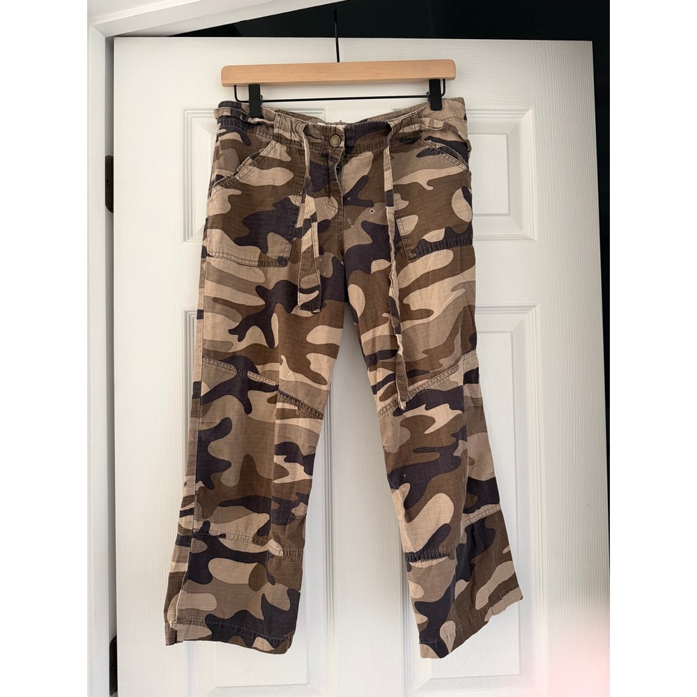 Y2K‎ Camo Draw String Tie Capri Pants Distressed Punk It Girl Womens